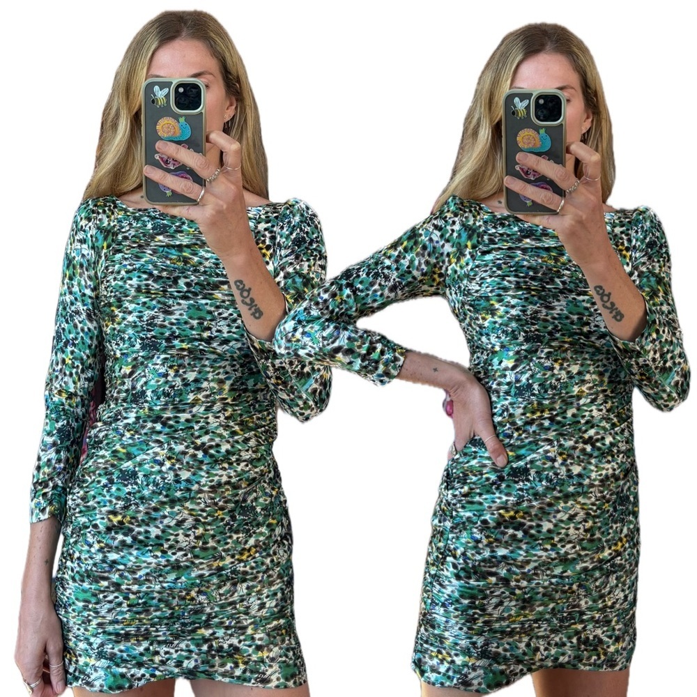 Diane Von Furstenberg Silk Long Sleeve Ruched Floral Leopard Print Mini Dress